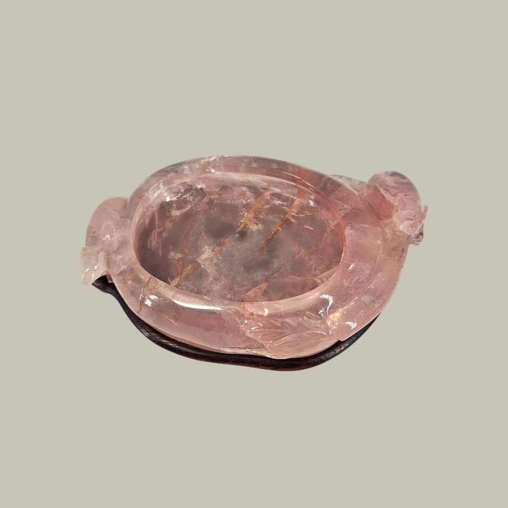 Vintage Rose Quartz Carved Mice Dish w/ Wood Base Chinese Pink Catchall Trinket